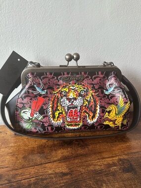 Ed Hardy Shoulder Bag with Rhinestone Tiger, Skull Design Kiss Lock Purse NWT